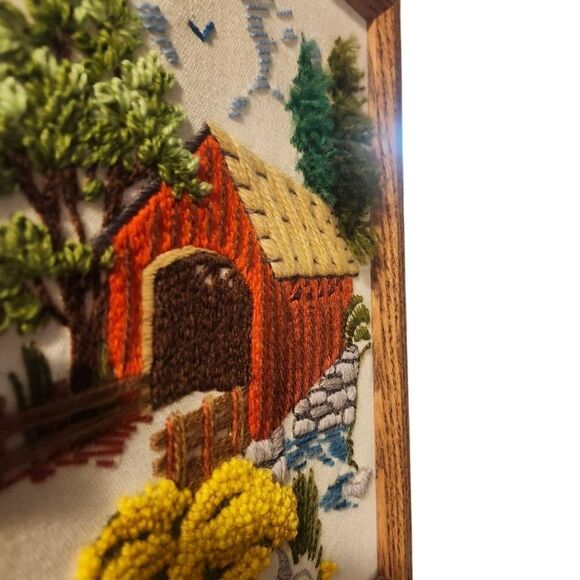 Rustic Embroidered Wall Art with Red Bridge Trees Forest Vintage 70s Cottagecore - Picture 3 of 3